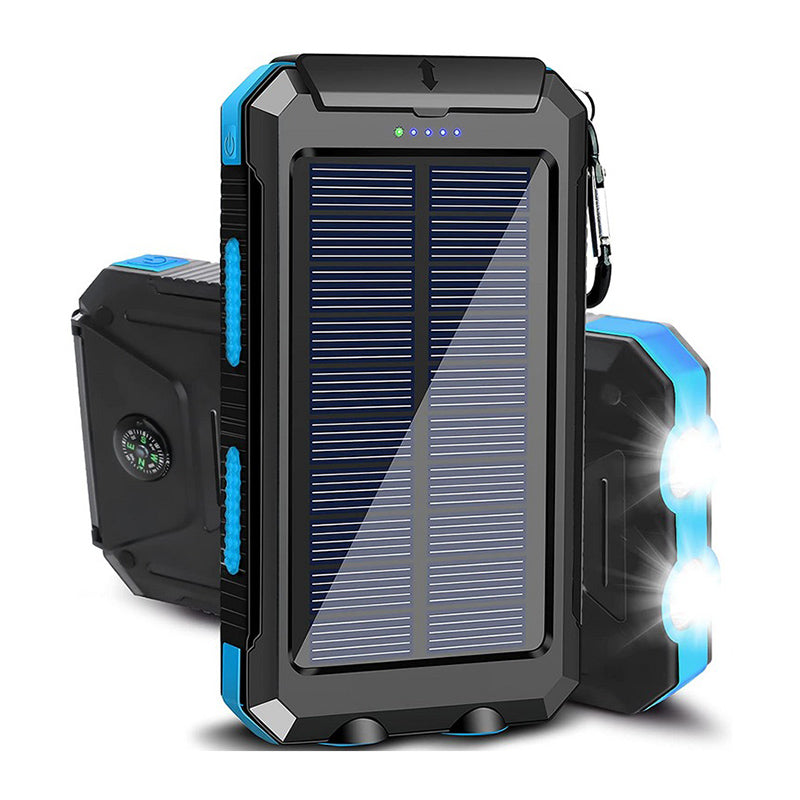 "Batterie solaire externe, charge rapide, étanche, design compact avec panneaux solaires, idéale pour activités en plein air.
