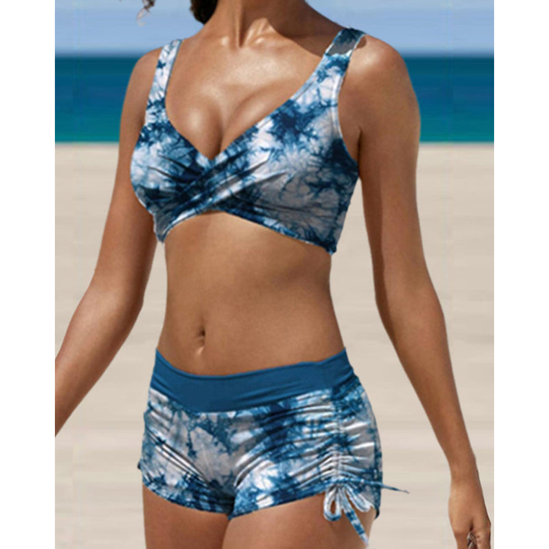 "Bikini deux pièces femme, élégant, bretelles réglables, tissu extensible, bas taille haute, parfait pour la plage"