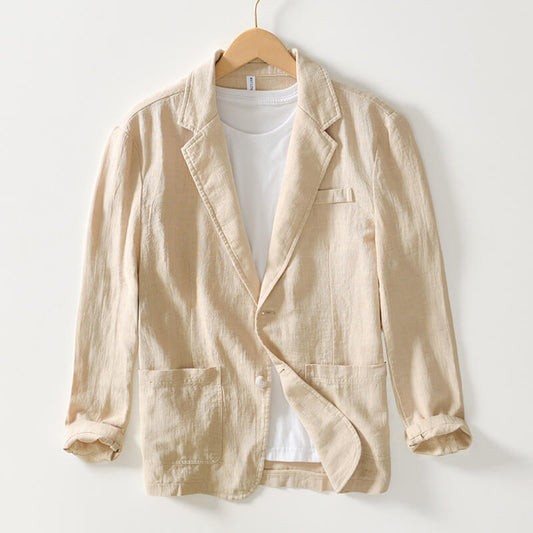 "Blazer en lin beige homme, élégant et léger, parfait pour un look raffiné et confortable lors d'occasions formelles."