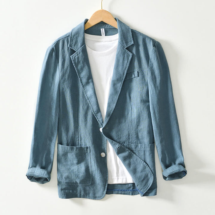 "Blazer en lin beige homme, élégant et léger, parfait pour un look raffiné et confortable lors d'occasions formelles."