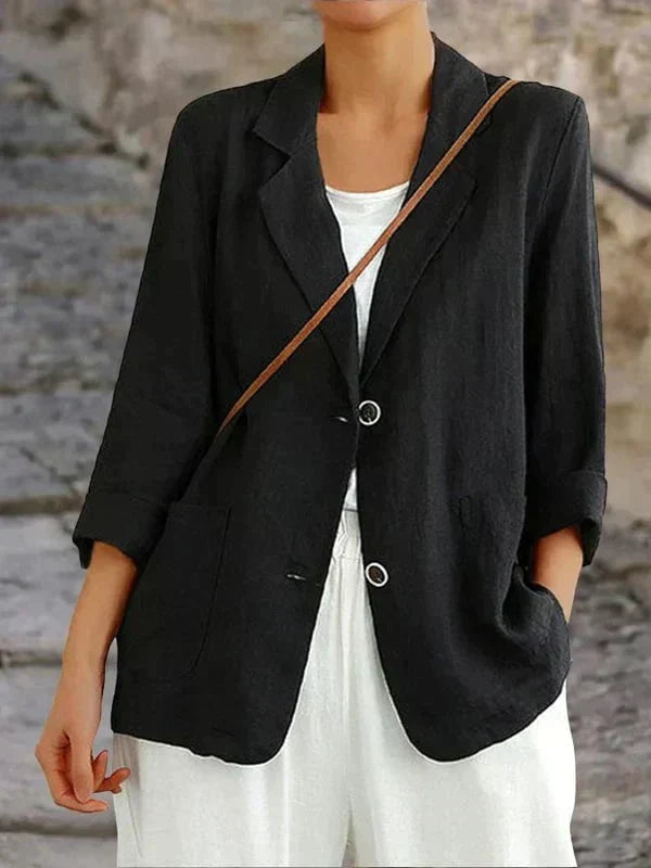 "Blazer en lin bleu pour femme, léger et élégant, coupe fluide, parfait pour une allure chic et décontractée."
