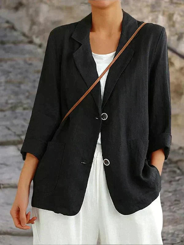 "Blazer en lin léger pour femmes, coupe décontractée surdimensionnée, couleur neutre, idéal pour une élégance quotidienne."