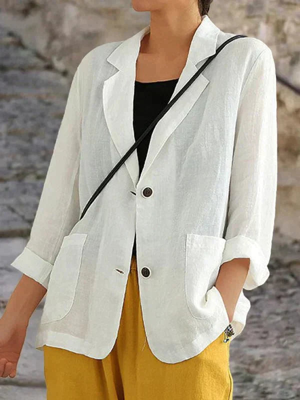 "Blazer en lin léger pour femmes, coupe décontractée surdimensionnée, couleur neutre, idéal pour une élégance quotidienne."