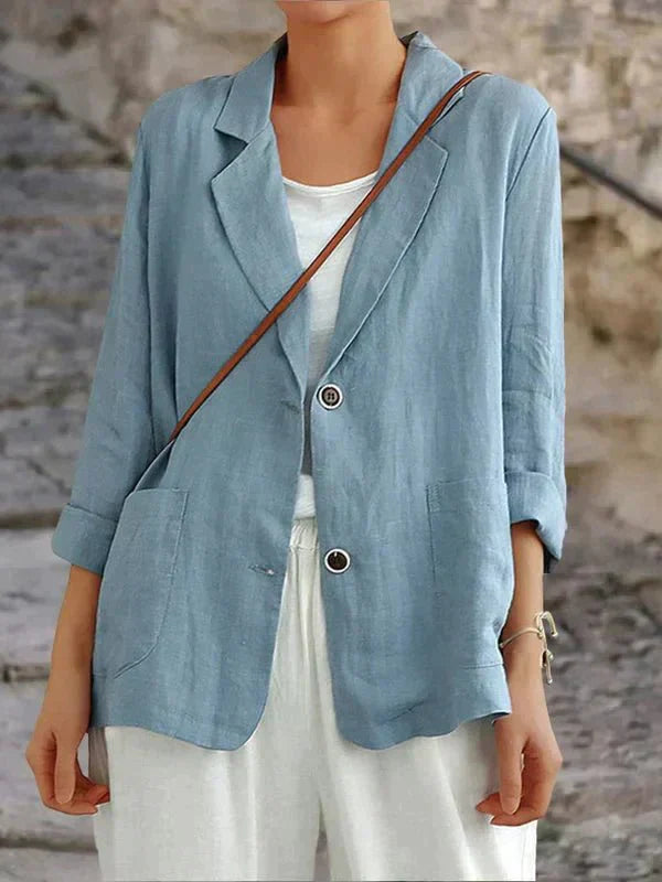 "Blazer en lin léger pour femmes, coupe décontractée surdimensionnée, couleur neutre, idéal pour une élégance quotidienne."
