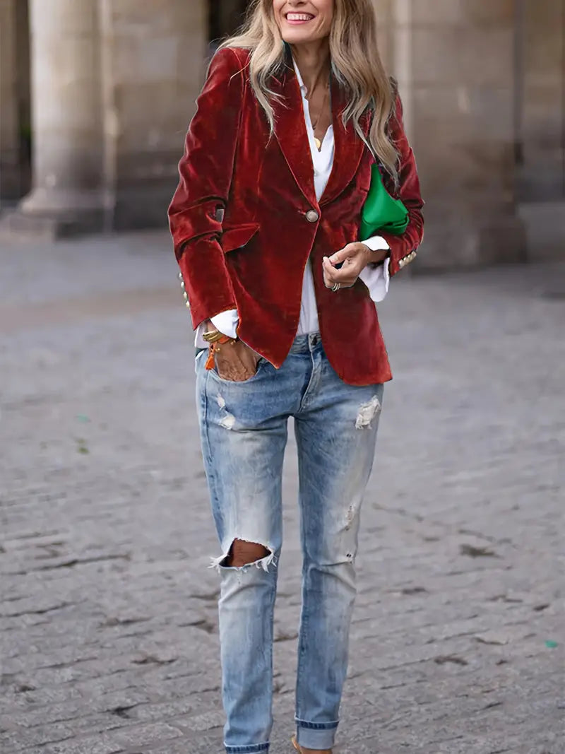 Blazer en velours élégant pour femmes, coupe flatteuse et tissu doux, présenté sur mannequin, idéal pour style raffiné.