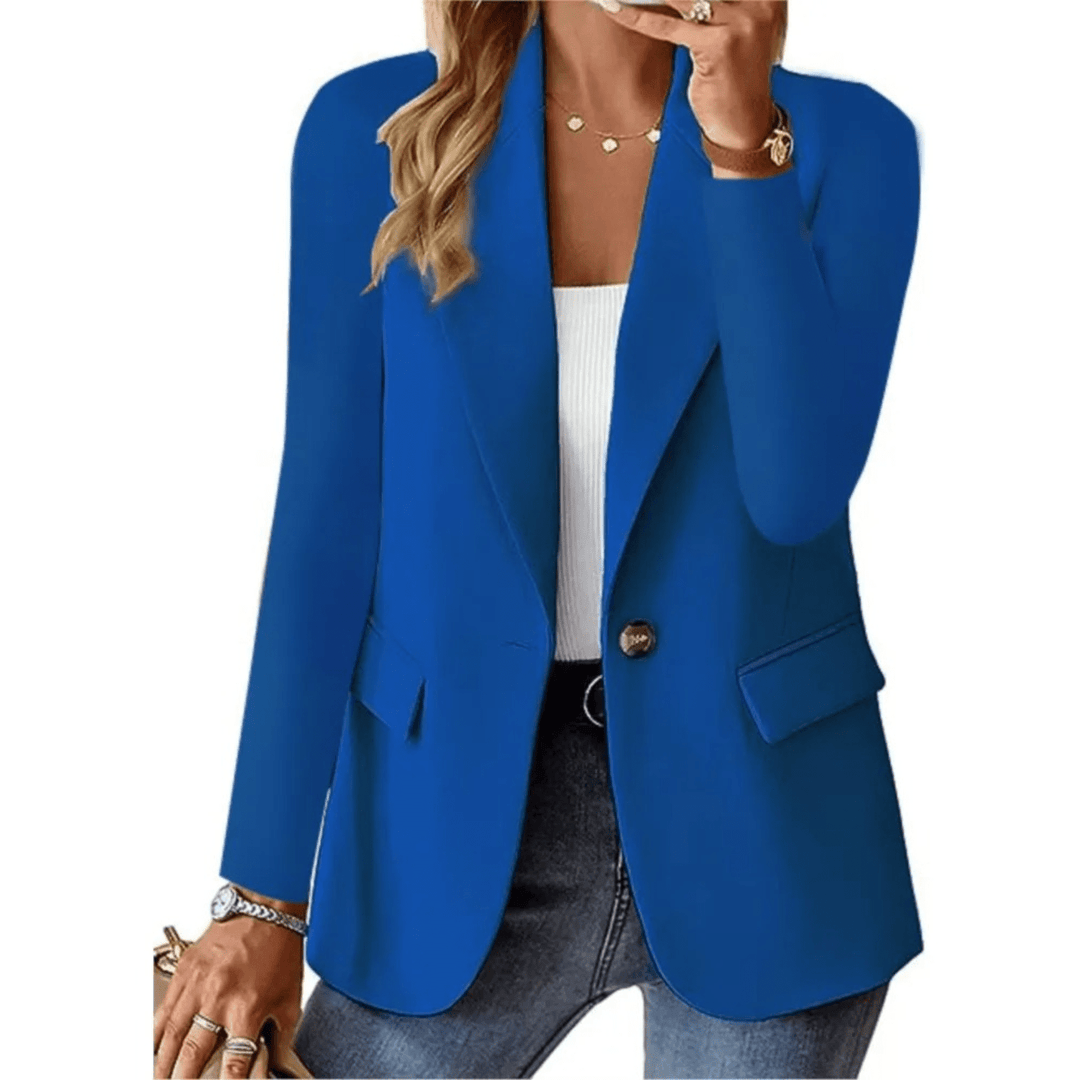 "Blazer féminin chic long avec manches élégantes, tissu de qualité, flatteur et polyvalent pour occasions variées."