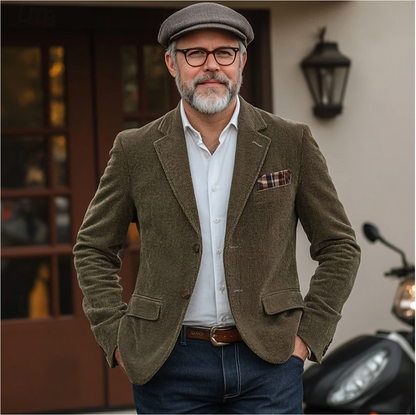 Blazer vert en velours côtelé pour homme, style élégant et vintage, tissu doux et raffiné.