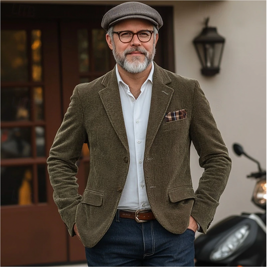 Blazer vert en velours côtelé pour homme, style élégant et vintage, tissu doux et raffiné.