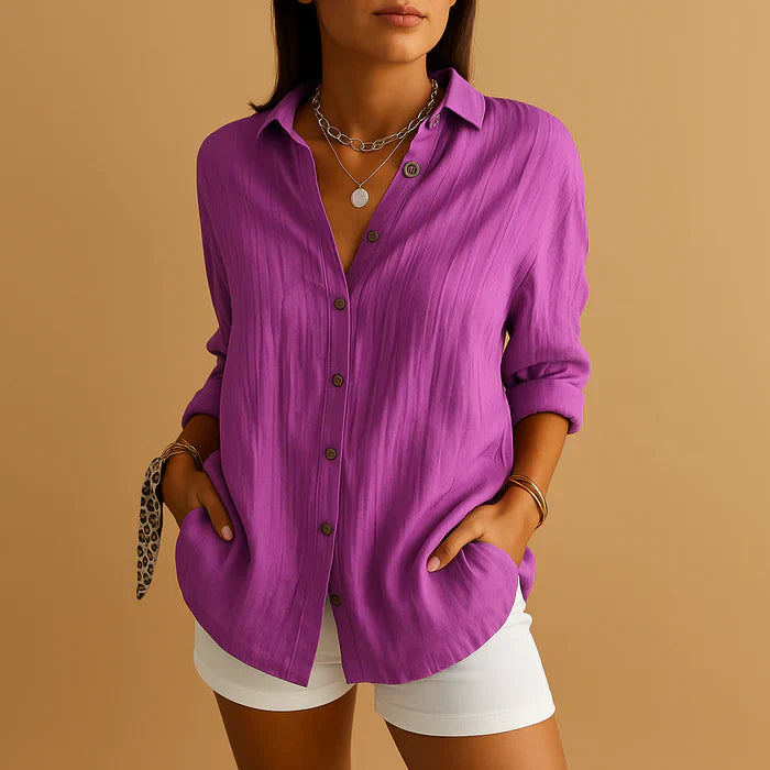 "Blouse en lin et coton pour femme, légère et décontractée, idéale pour l'été, coupe épurée et respirante."