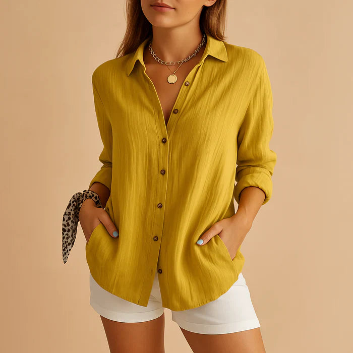 "Blouse en lin et coton pour femme, légère et décontractée, idéale pour l'été, coupe épurée et respirante."