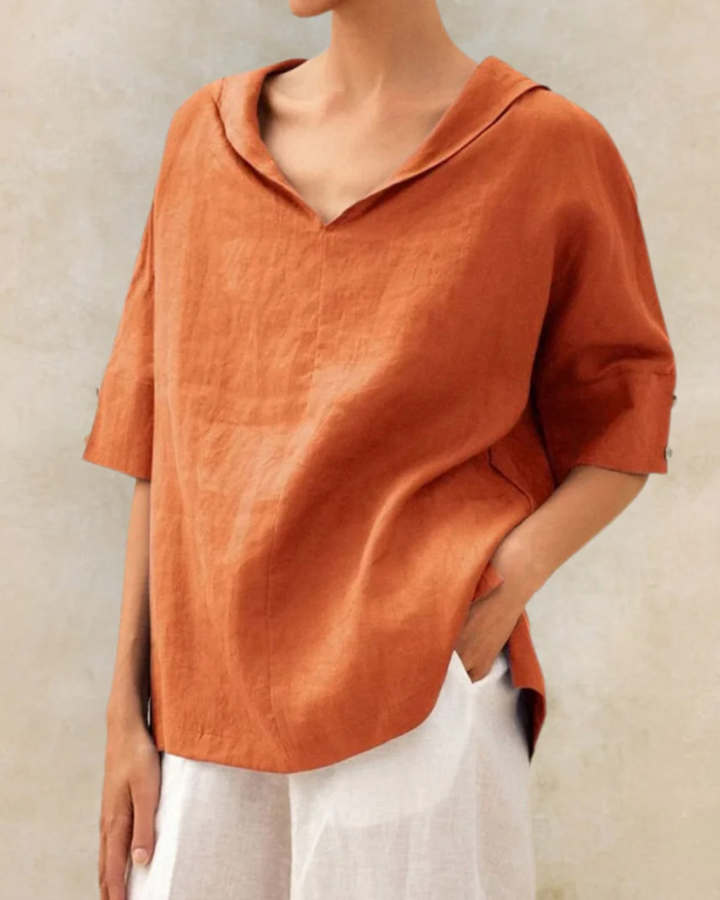 "Blouse en lin femme élégante, respirante, couleur vive, manches courtes, idéale pour l'été, style polyvalent."