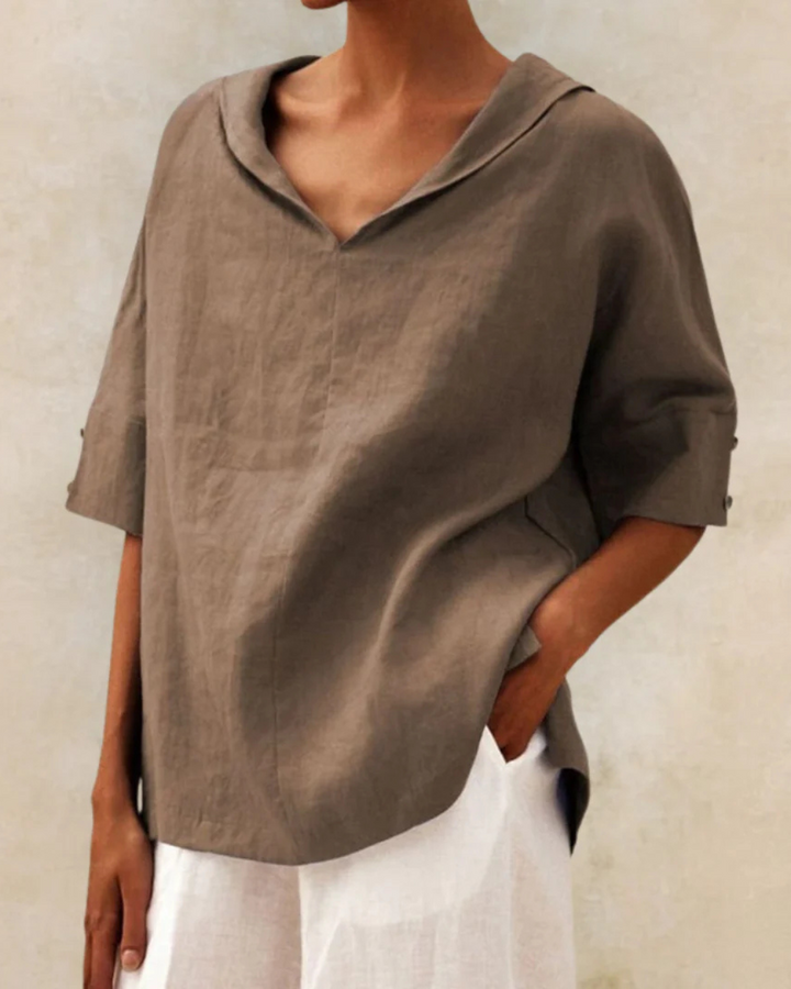 "Blouse en lin femme élégante, respirante, couleur vive, manches courtes, idéale pour l'été, style polyvalent."