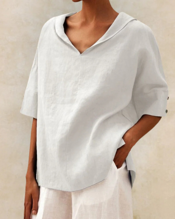 "Blouse en lin femme élégante, respirante, couleur vive, manches courtes, idéale pour l'été, style polyvalent."