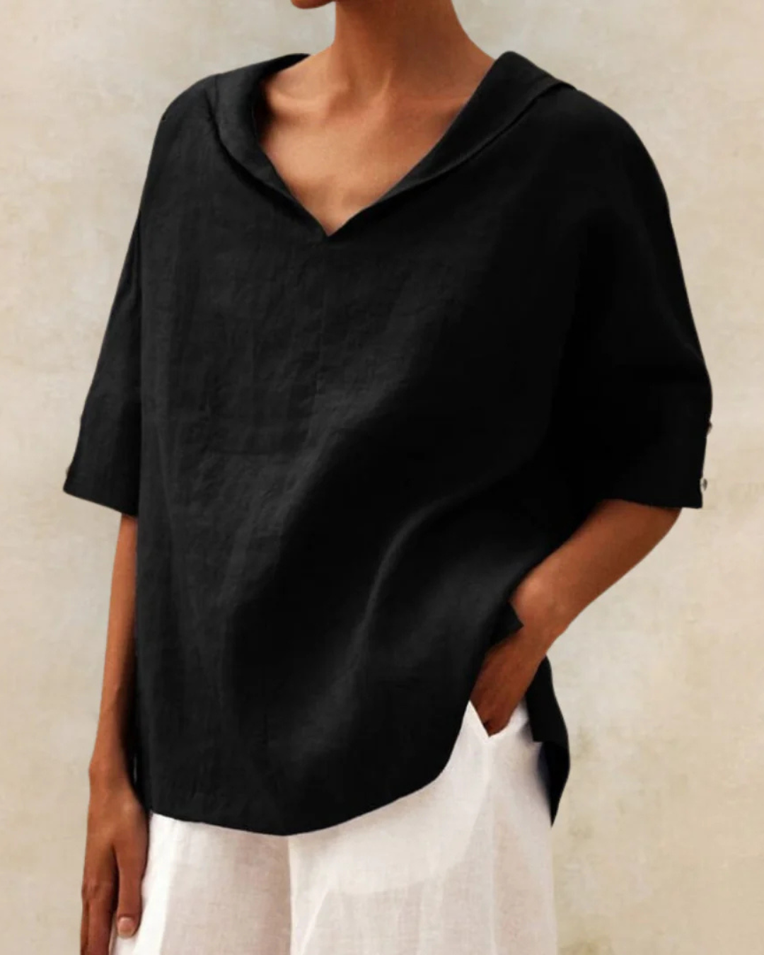 "Blouse en lin femme élégante, respirante, couleur vive, manches courtes, idéale pour l'été, style polyvalent."