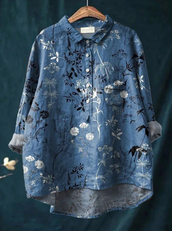 "Blouse en soie avec imprimé floral, manches longues, col en V, élégante et confortable, pour toutes occasions."