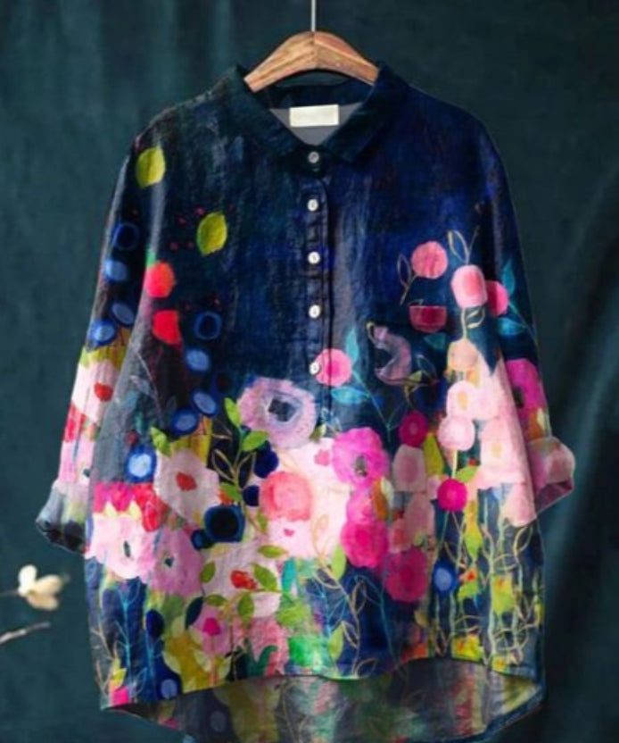 "Blouse en soie avec imprimé floral, manches longues, col en V, élégante et confortable, pour toutes occasions."
