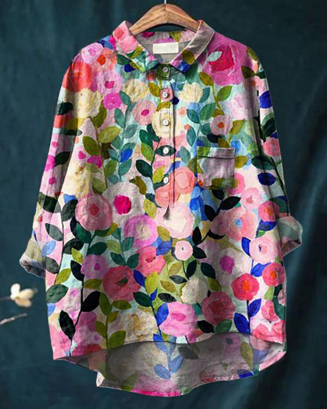 "Blouse en soie avec imprimé floral, manches longues, col en V, élégante et confortable, pour toutes occasions."