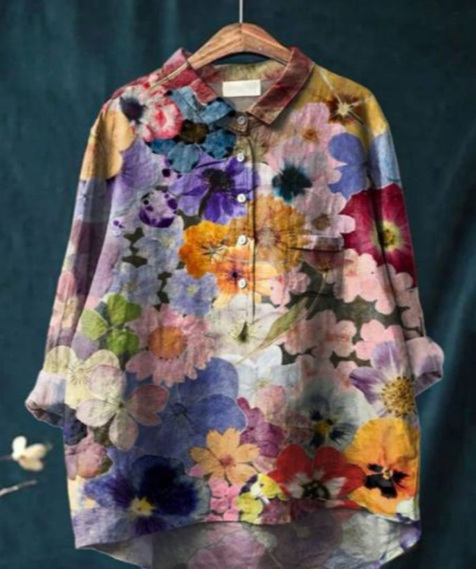 "Blouse en soie avec imprimé floral, manches longues, col en V, élégante et confortable, pour toutes occasions."