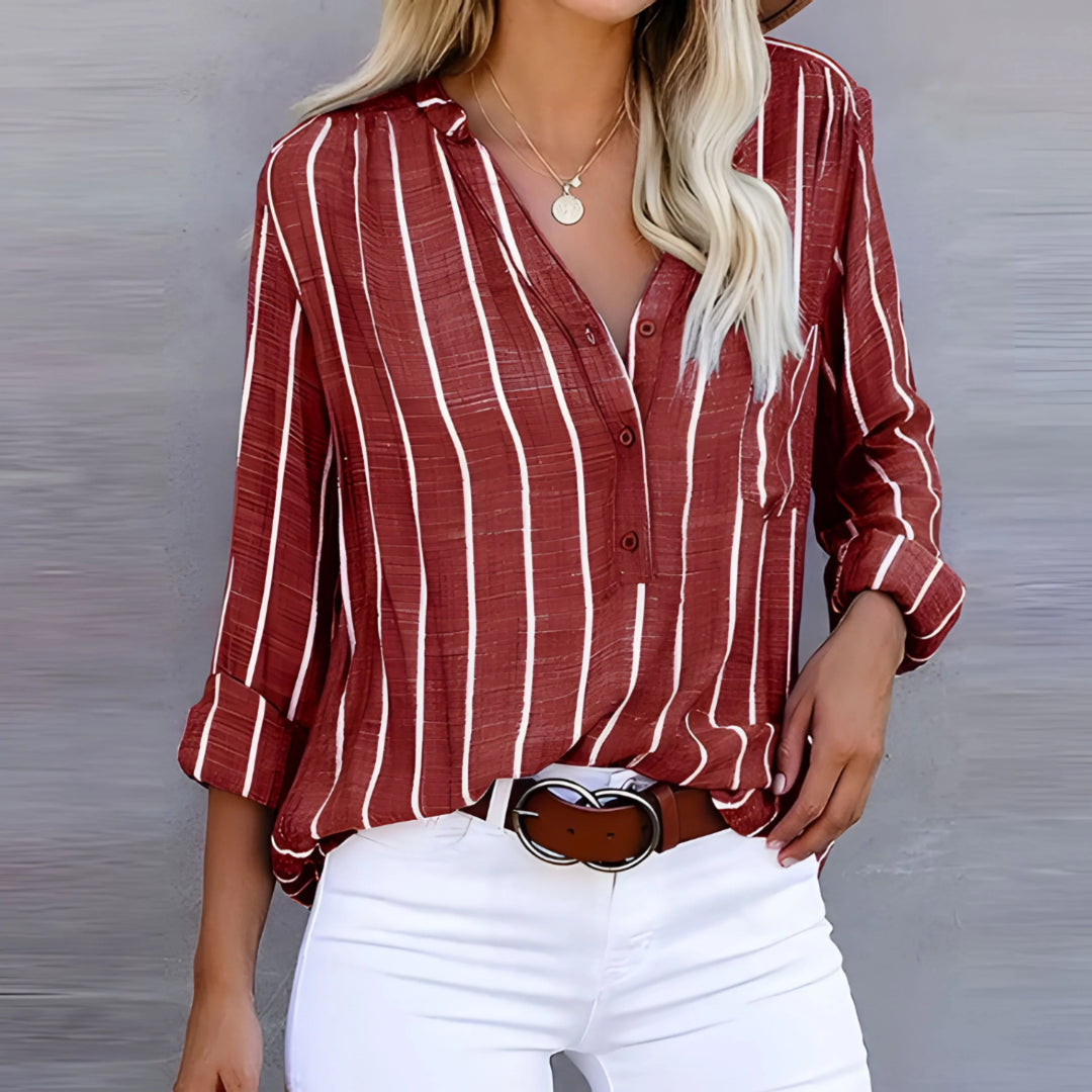 Blouse femme à rayures, manches longues, coupe fluide, élégante et confortable, parfaite pour toutes occasions.