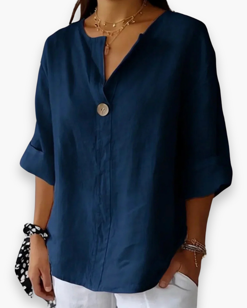 "Blouse femme ample élégante beige, coupe fluide, col en V, chic et décontractée, idéale pour un confort quotidien."