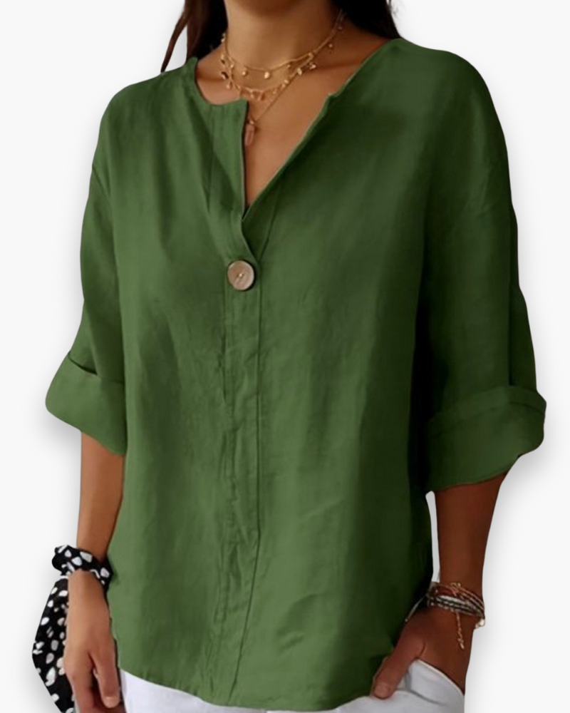 "Blouse femme ample élégante beige, coupe fluide, col en V, chic et décontractée, idéale pour un confort quotidien."