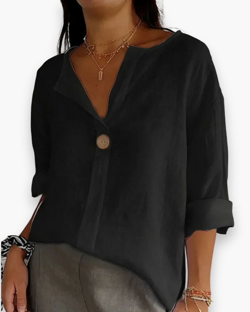 "Blouse femme ample élégante beige, coupe fluide, col en V, chic et décontractée, idéale pour un confort quotidien."