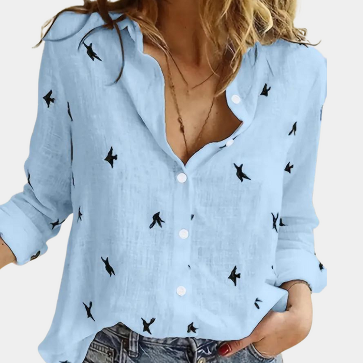 "Blouse femme élégante Laumina rose, manches longues, design moderne pour un look polyvalent et sophistiqué."