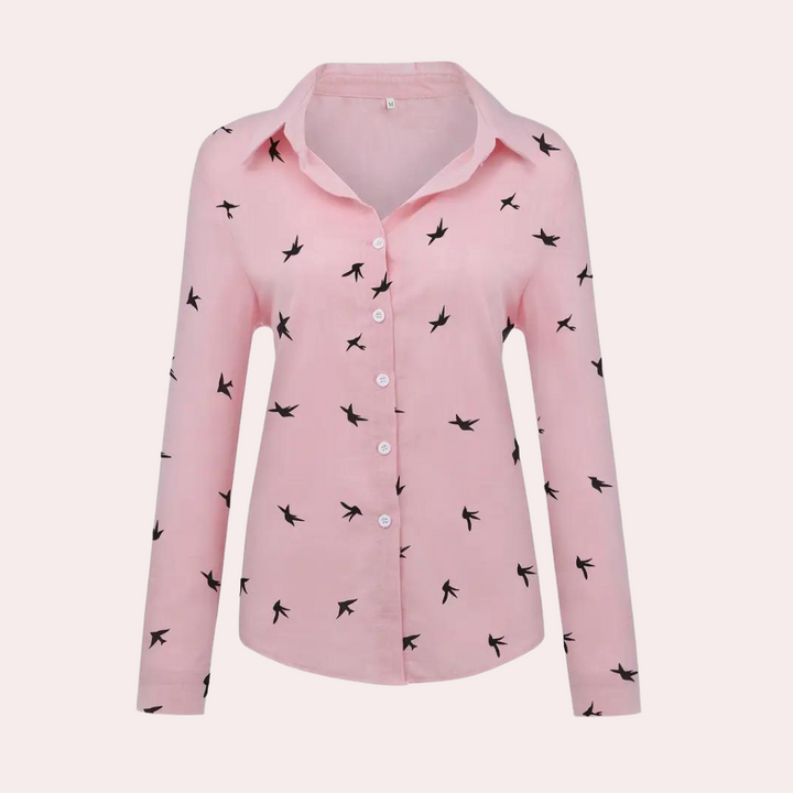 "Blouse femme élégante Laumina rose, manches longues, design moderne pour un look polyvalent et sophistiqué."