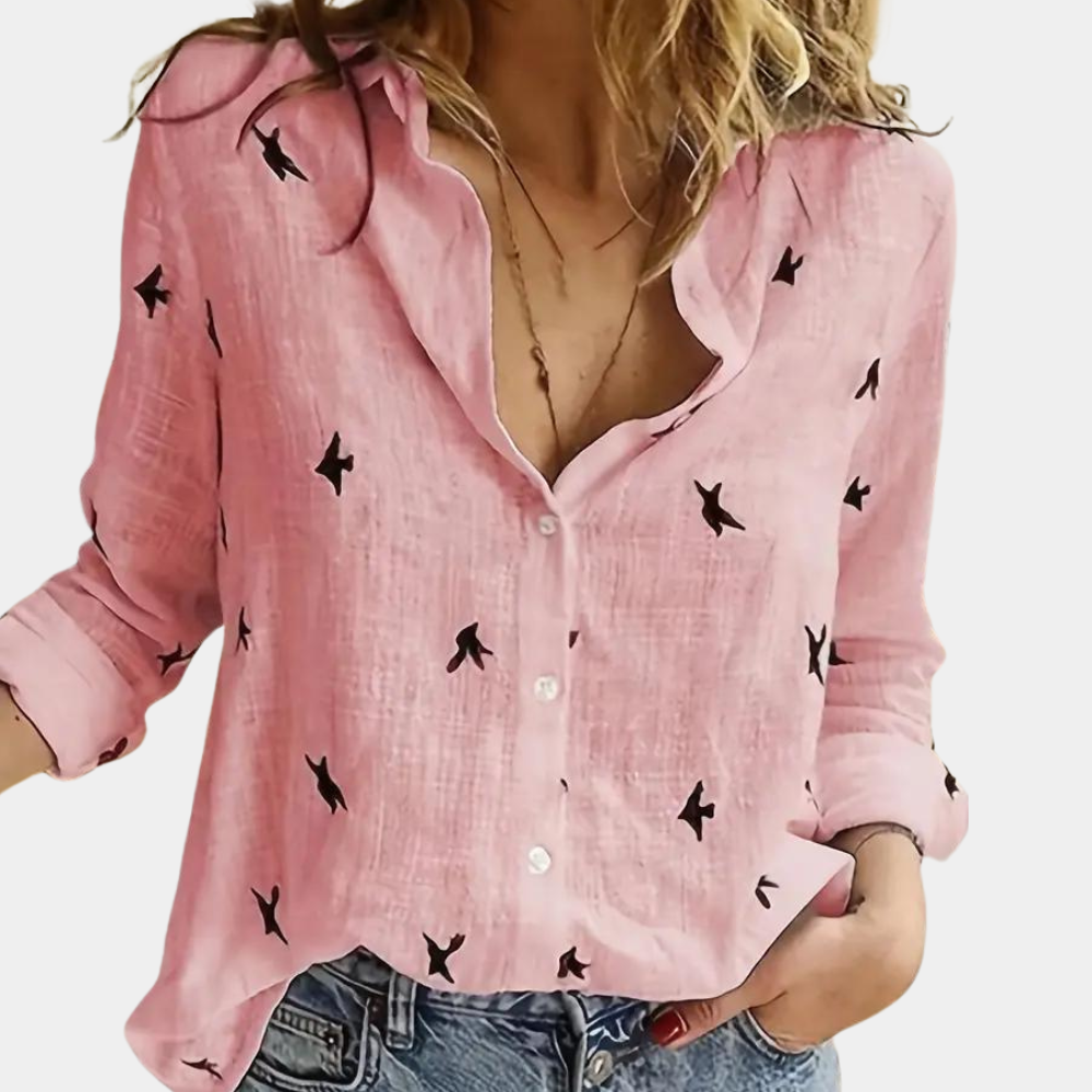"Blouse femme élégante Laumina rose, manches longues, design moderne pour un look polyvalent et sophistiqué."
