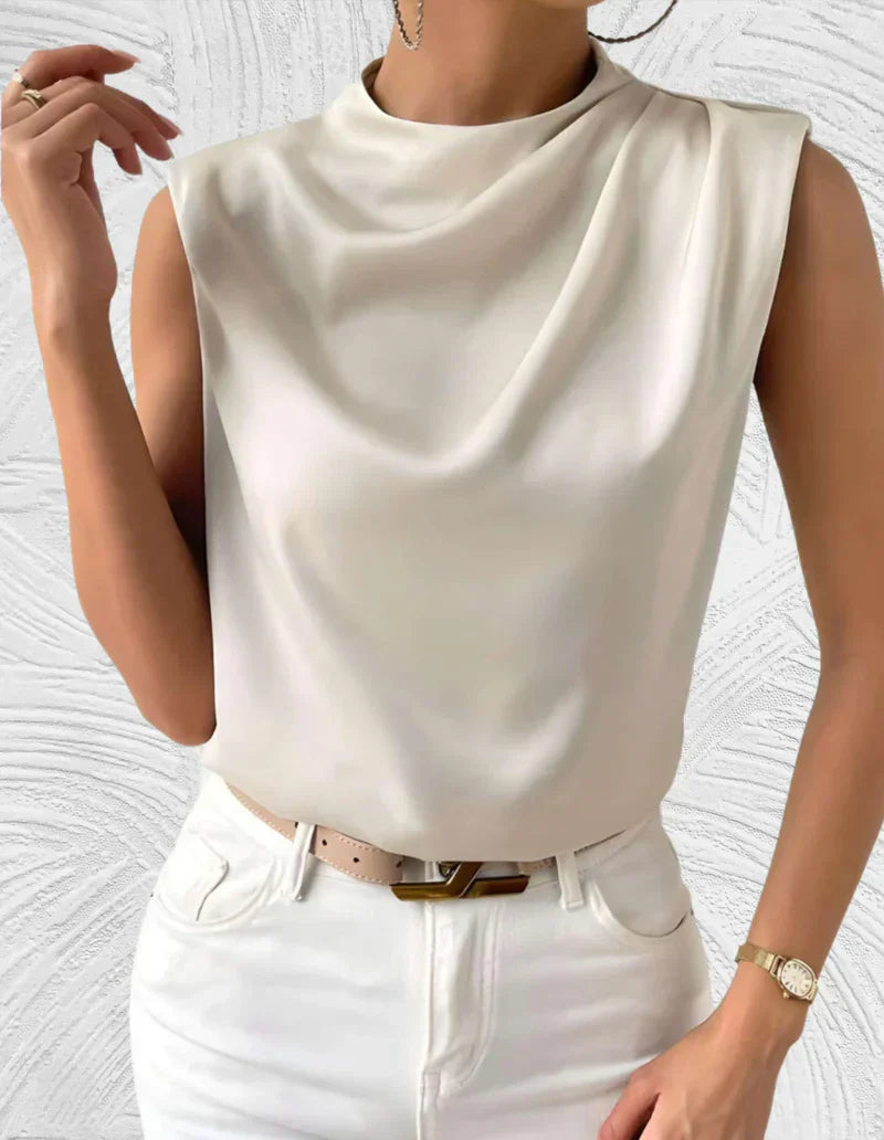 Blouse sans manches pour femme, été, col rond, plis élégants, couleur unie, chic, confortable pour journées ensoleillées.