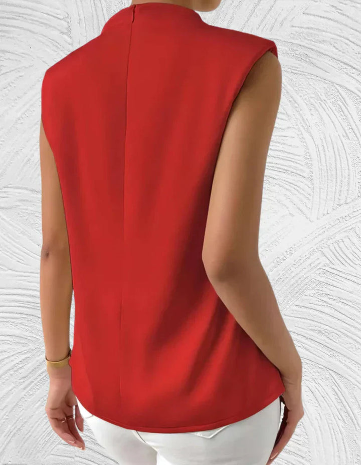 Blouse sans manches pour femme, été, col rond, plis élégants, couleur unie, chic, confortable pour journées ensoleillées.