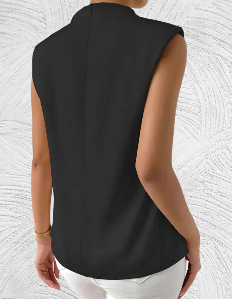 Blouse sans manches pour femme, été, col rond, plis élégants, couleur unie, chic, confortable pour journées ensoleillées.