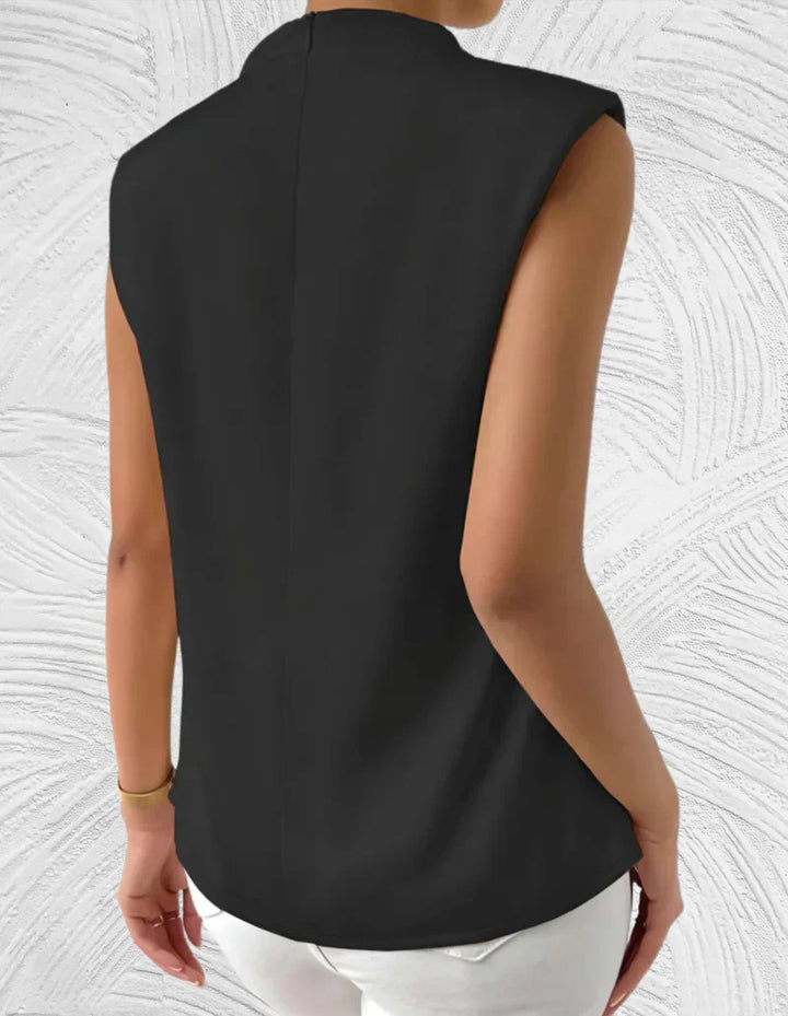 Blouse sans manches pour femme, été, col rond, plis élégants, couleur unie, chic, confortable pour journées ensoleillées.