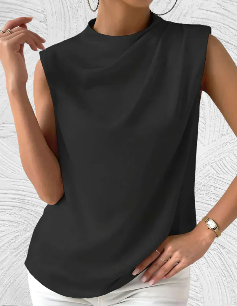 Blouse sans manches pour femme, été, col rond, plis élégants, couleur unie, chic, confortable pour journées ensoleillées.