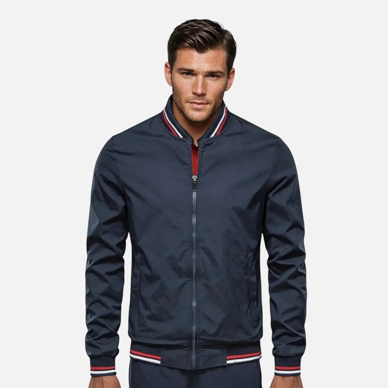 "Blouson bomber homme, design épuré, finitions bicolores, vue de face, style moderne et confort toutes saisons."