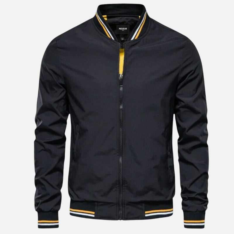 "Blouson bomber homme, design épuré, finitions bicolores, vue de face, style moderne et confort toutes saisons."