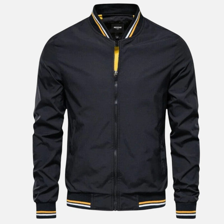 "Blouson bomber homme, design épuré, finitions bicolores, vue de face, style moderne et confort toutes saisons."
