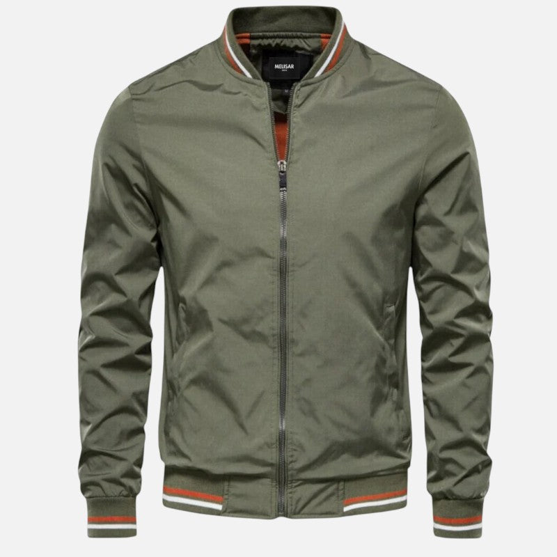 "Blouson bomber homme, design épuré, finitions bicolores, vue de face, style moderne et confort toutes saisons."