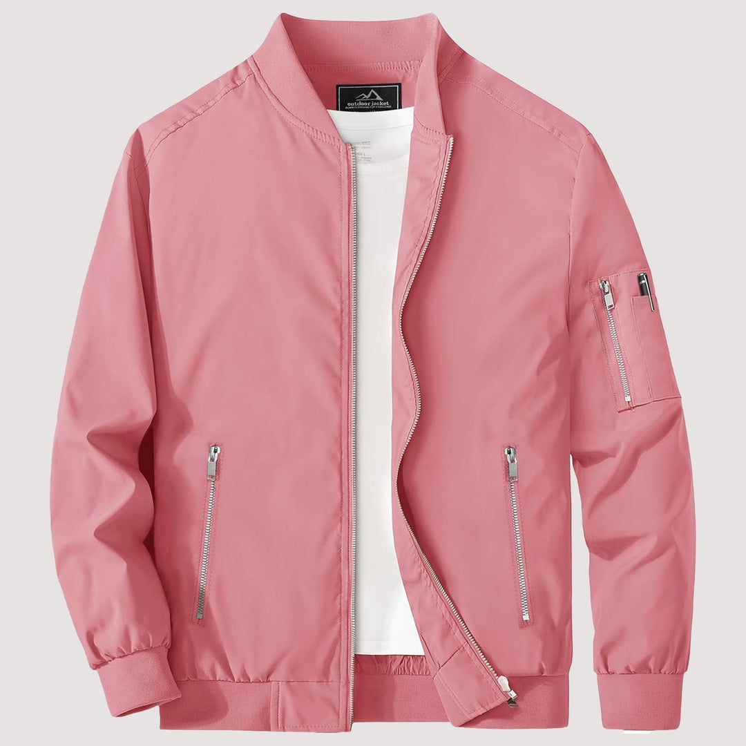 "Blouson bomber léger homme printanier, fermeture éclair, coupe moderne, tissu respirant, couleur bleu royal vibrant."