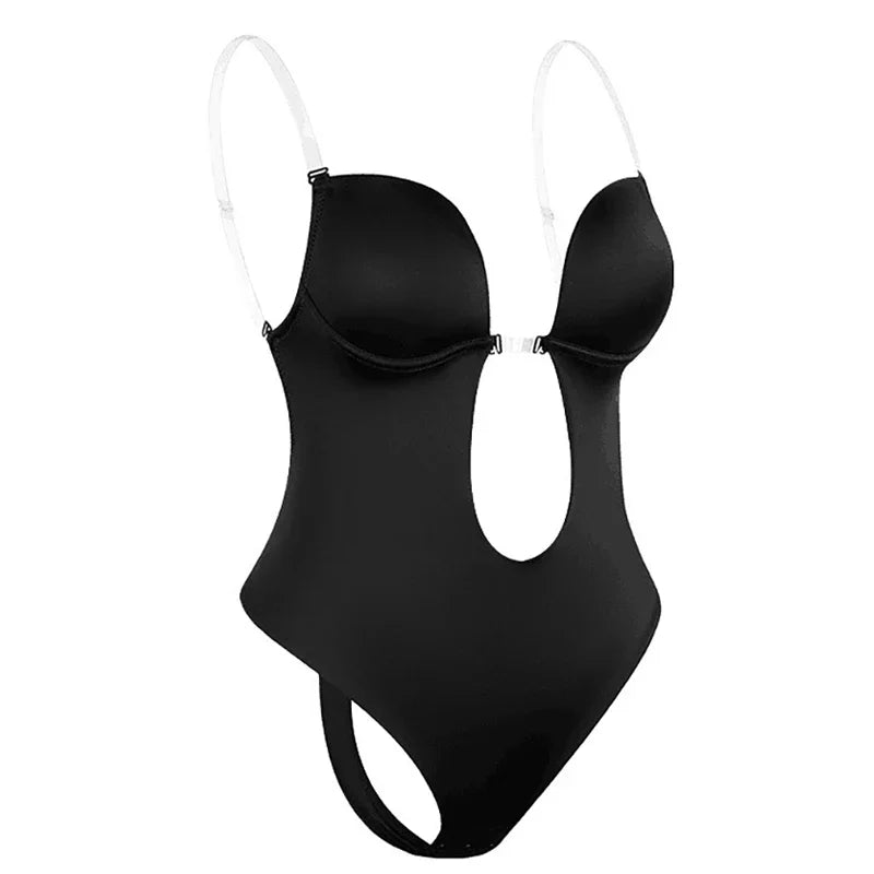 "Body dos nu invisible élégant, tissu doux extensible, parfait sous robes ajustées, plusieurs tailles, beige et noir."