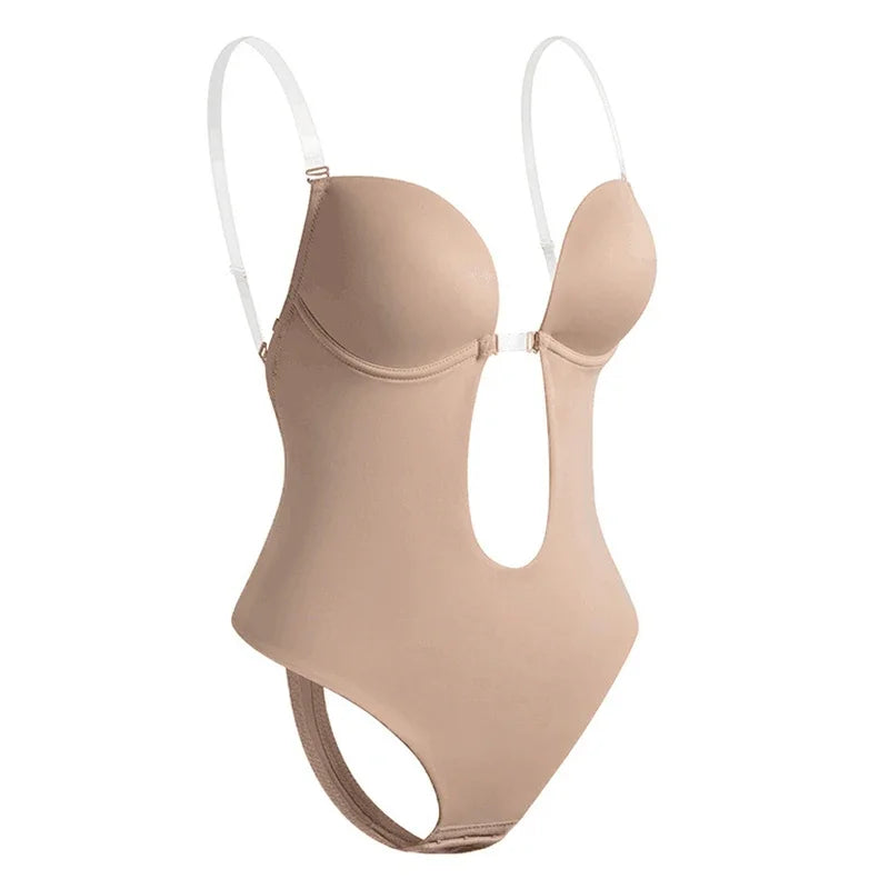 "Body dos nu invisible élégant, tissu doux extensible, parfait sous robes ajustées, plusieurs tailles, beige et noir."