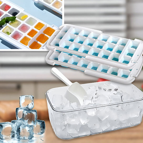 Boîte à glaçons empilable avec couvercle hermétique, design moderne, facile à nettoyer, idéale pour cuisine moderne.
