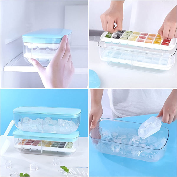 Boîte à glaçons empilable avec couvercle hermétique, design moderne, facile à nettoyer, idéale pour cuisine moderne.