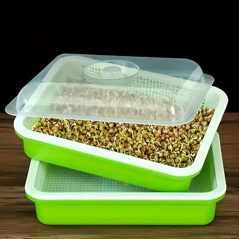 "Boîte germination avec couvercle transparente, double couche pour répartition chaleur et humidité, jardinage DIY."