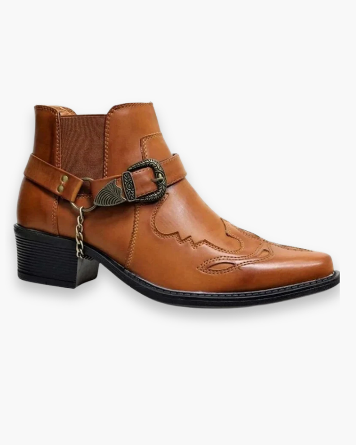 "Bottes cowboy homme élégantes et authentiques, motifs décoratifs, en cuir brun et noir, style western raffiné."