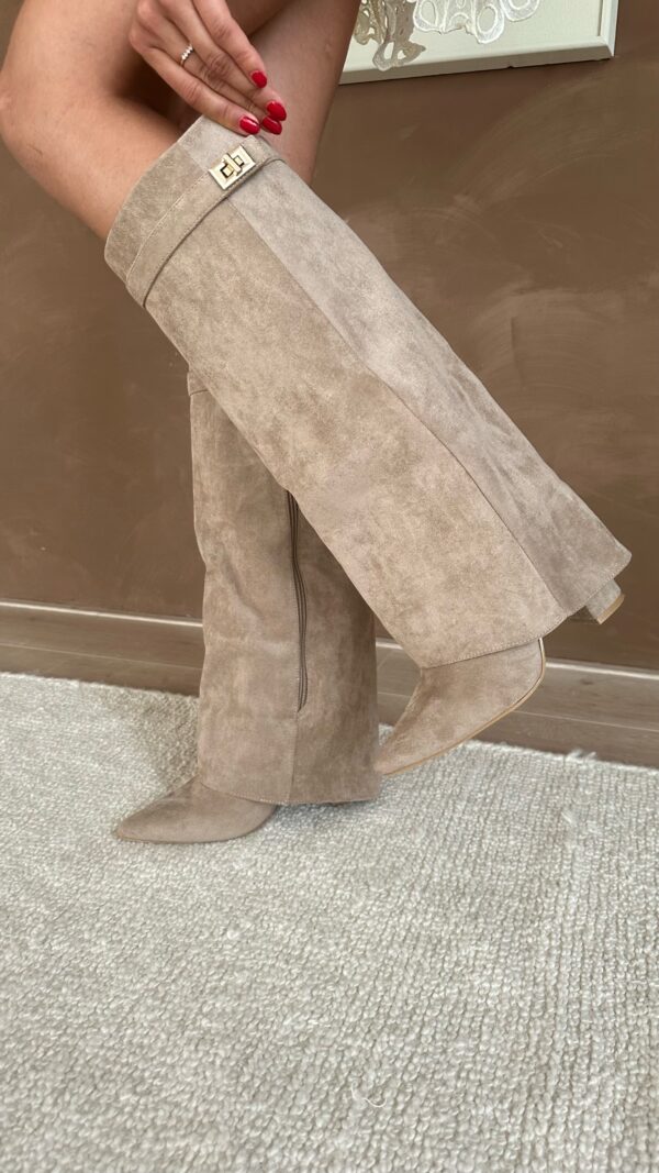 "Bottes hautes en daim pour femme avec bout pointu, talon compensé et boucle dorée, élégance sophistiquée et moderne."