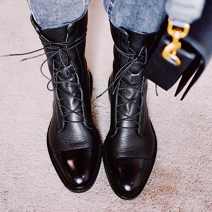 "Bottines élégantes en cuir premium à lacets avec bout pointu, talon bas, couleur marron et noir pour femmes."