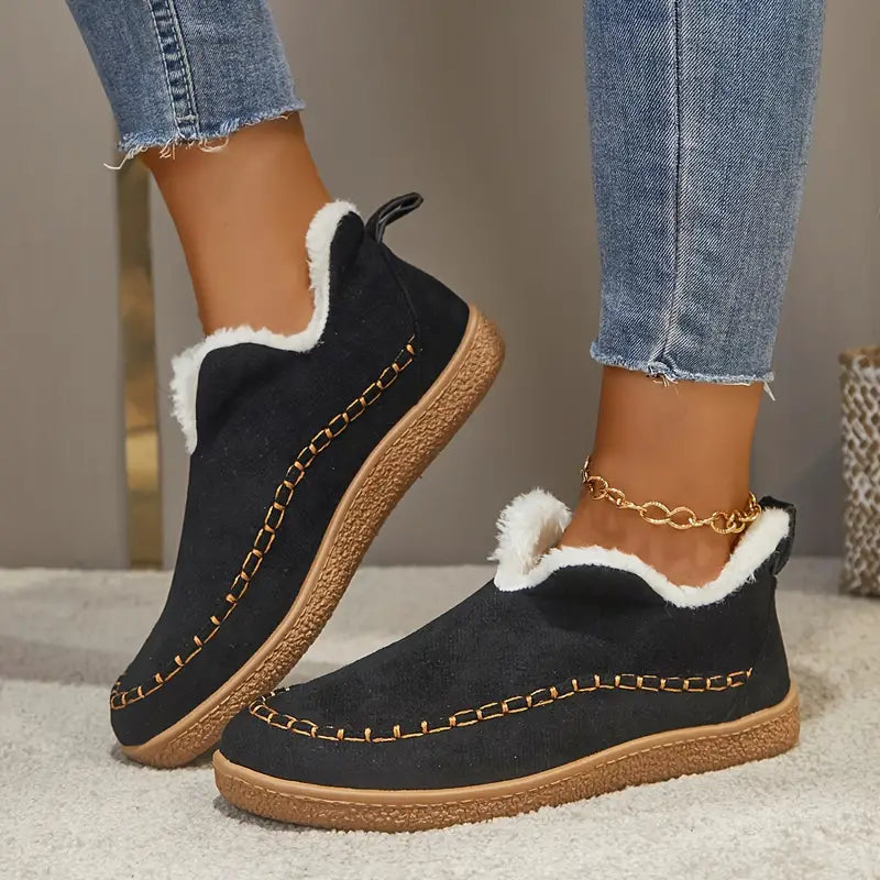 "Bottines femme à enfiler avec doublure fleece, bout rond et talon plat, chaudes pour hiver et automne."