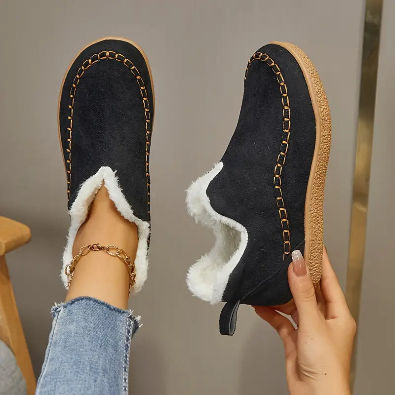 "Bottines femme à enfiler avec doublure fleece, bout rond et talon plat, chaudes pour hiver et automne."