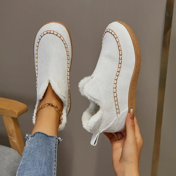 "Bottines femme à enfiler avec doublure fleece, bout rond et talon plat, chaudes pour hiver et automne."